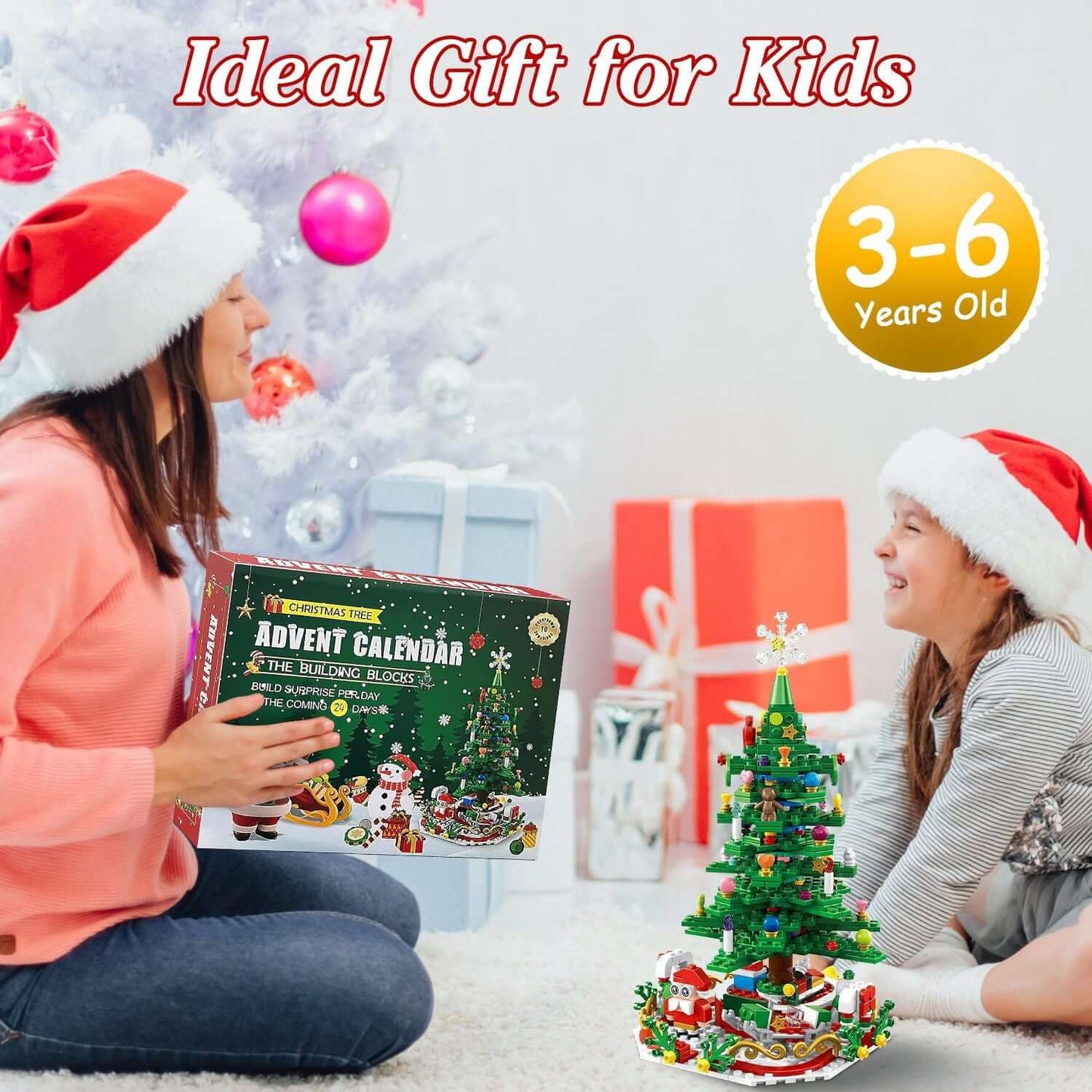 Mother and child enjoying Christmas with Christmas Tree Building Set Countdown Calendar for ages 3-6, perfect holiday gift.