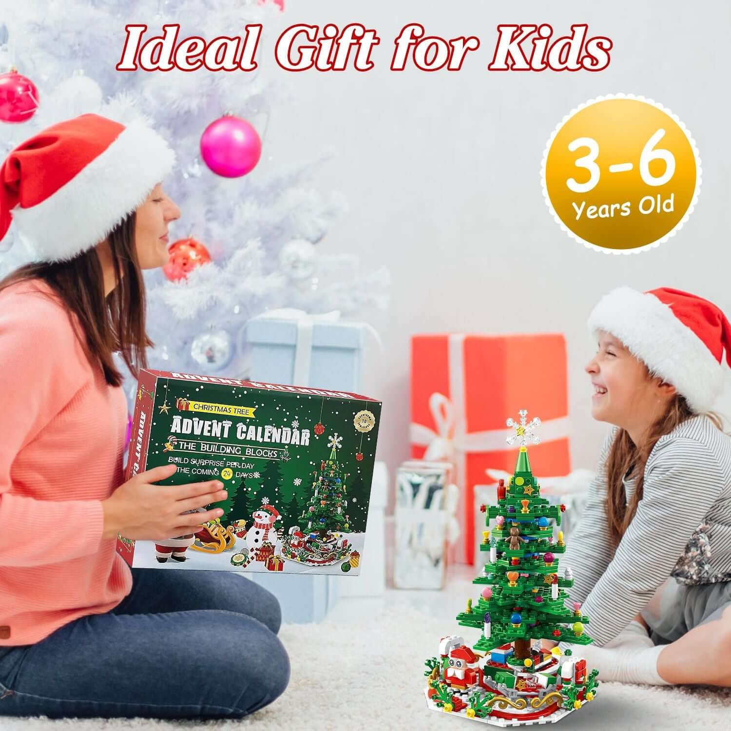 Mother and child enjoying Christmas with Christmas Tree Building Set Countdown Calendar for ages 3-6, perfect holiday gift.