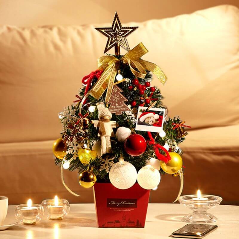 Desktop Christmas Tree - Artificial Mini Decoration on table with ornaments and star topper, perfect for holiday home or office decor.