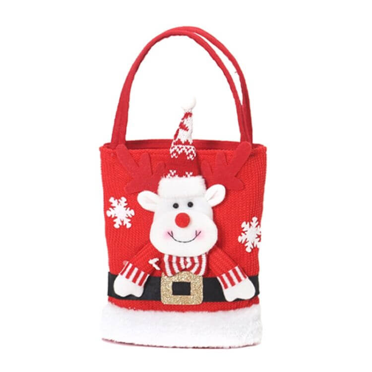 Red Christmas Candy Tote Bag for Kids with a smiling reindeer design, ideal for holiday treats and decorations.