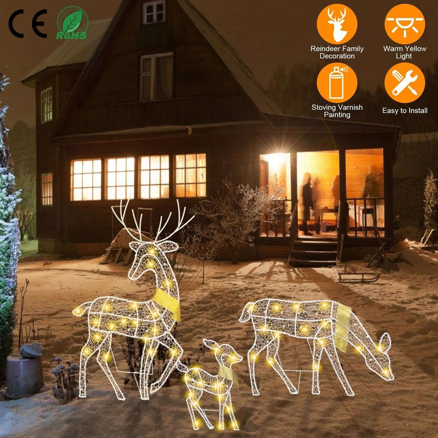 Reindeer Family Lighted Christmas Deer Decoration - 3D set with illuminated buck, doe, and fawn in front of a cozy snowy cabin.