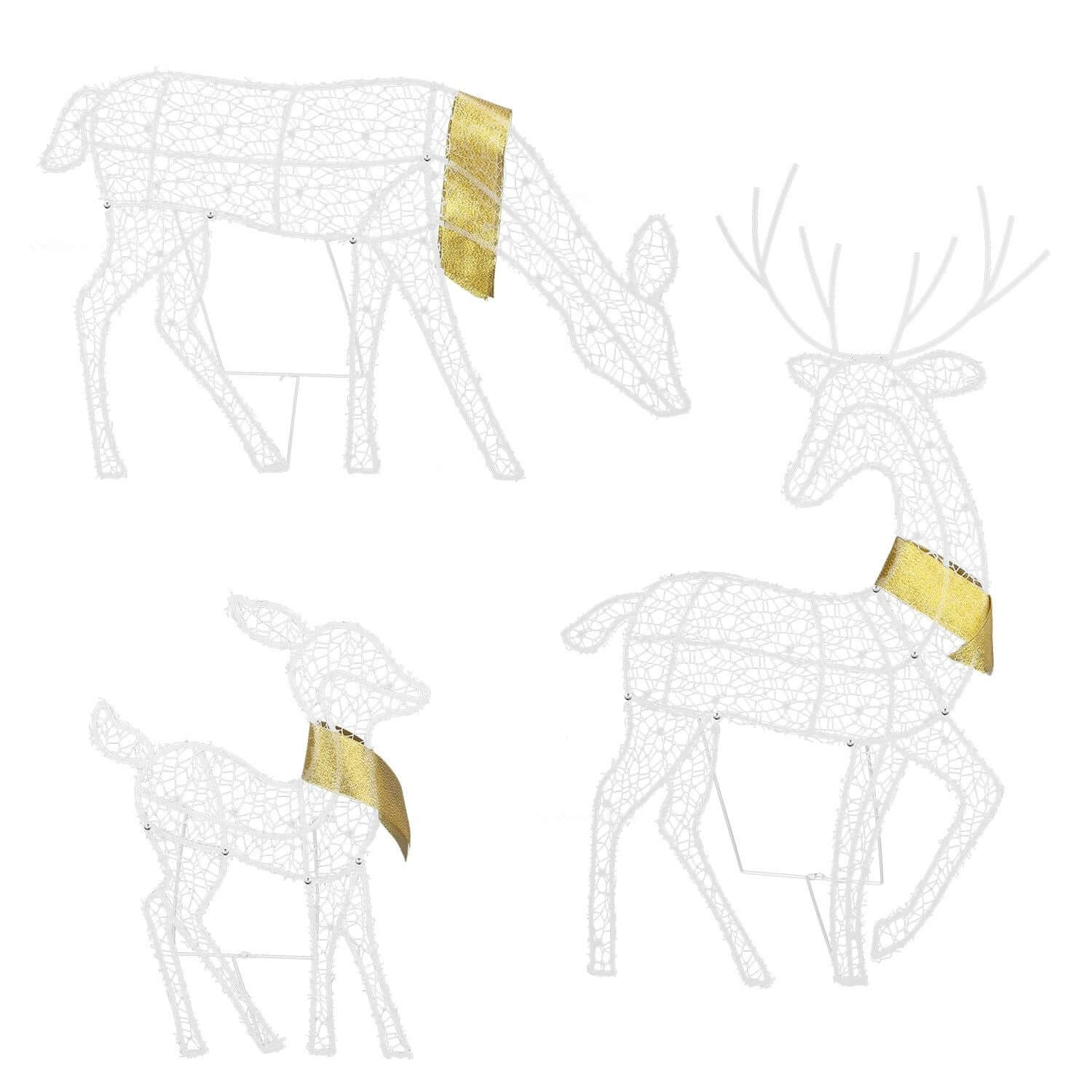 Reindeer Family Lighted Christmas Deer Decoration - 3 sets of 2D reindeer with gold scarves and warm lights for festive decor