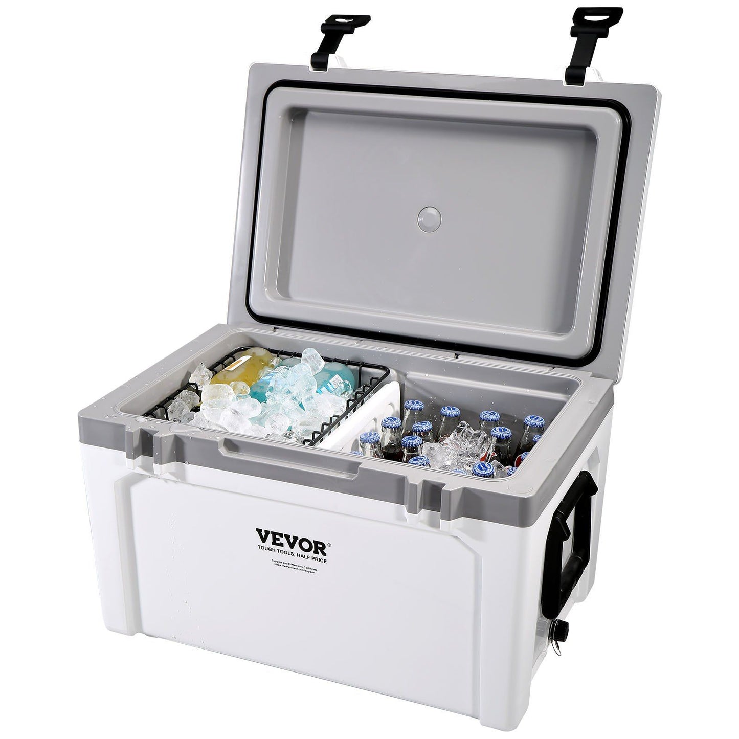 VEVOR 52 qt insulated portable cooler open with ice and drinks, heavy duty handle, ice chest lunch box for camping, travel, long-lasting ice retention