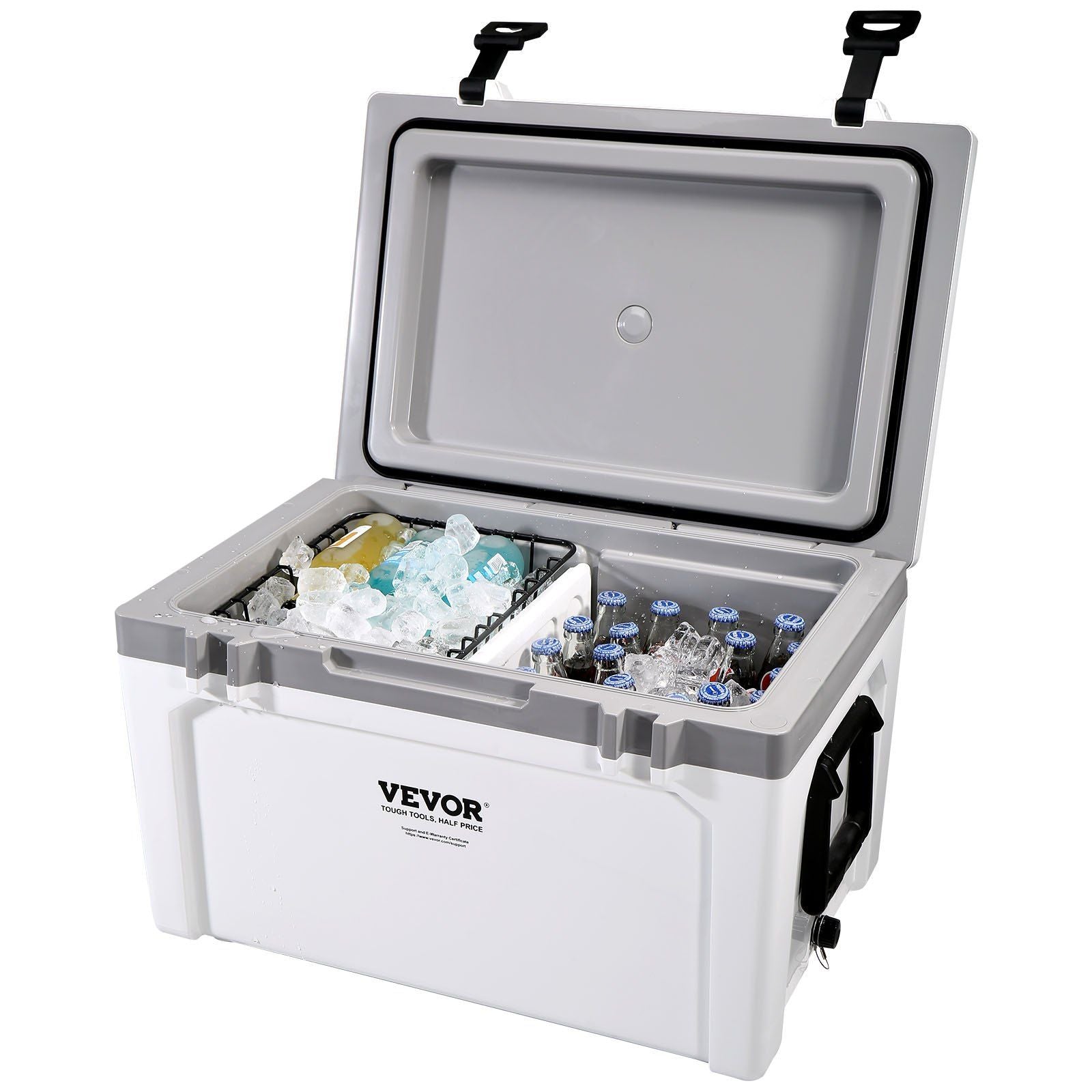 VEVOR 52 qt insulated portable cooler open with ice and drinks, heavy duty handle, ice chest lunch box for camping, travel, long-lasting ice retention