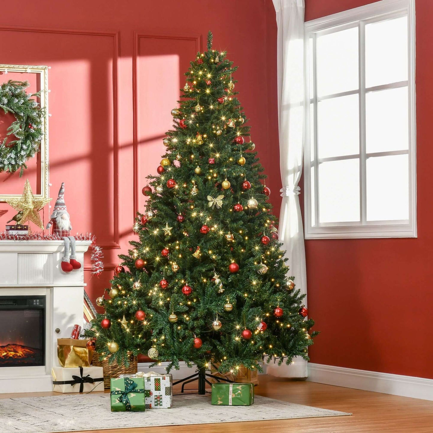 HOMCOM 7ft Pre Lit Douglas Fir Artificial Christmas Tree with 700 warm white LED lights, creating a festive holiday atmosphere in a cozy room.