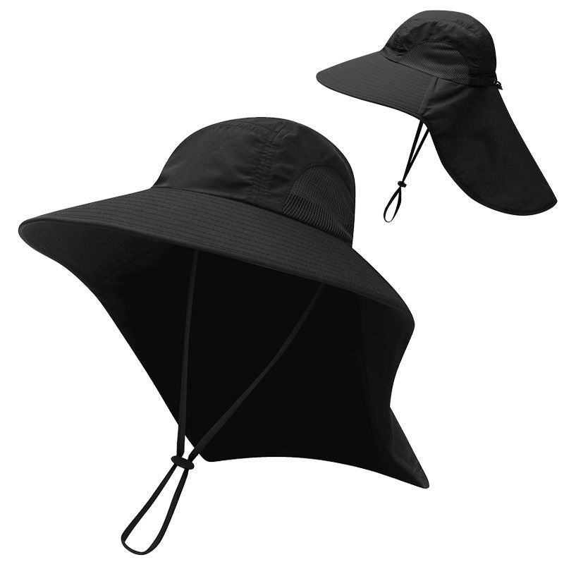 Black outdoor fisherman hat with wide brim and neck flap for men and women. Anti UV, quick-drying, breathable summer visor cap for fishing and hiking.