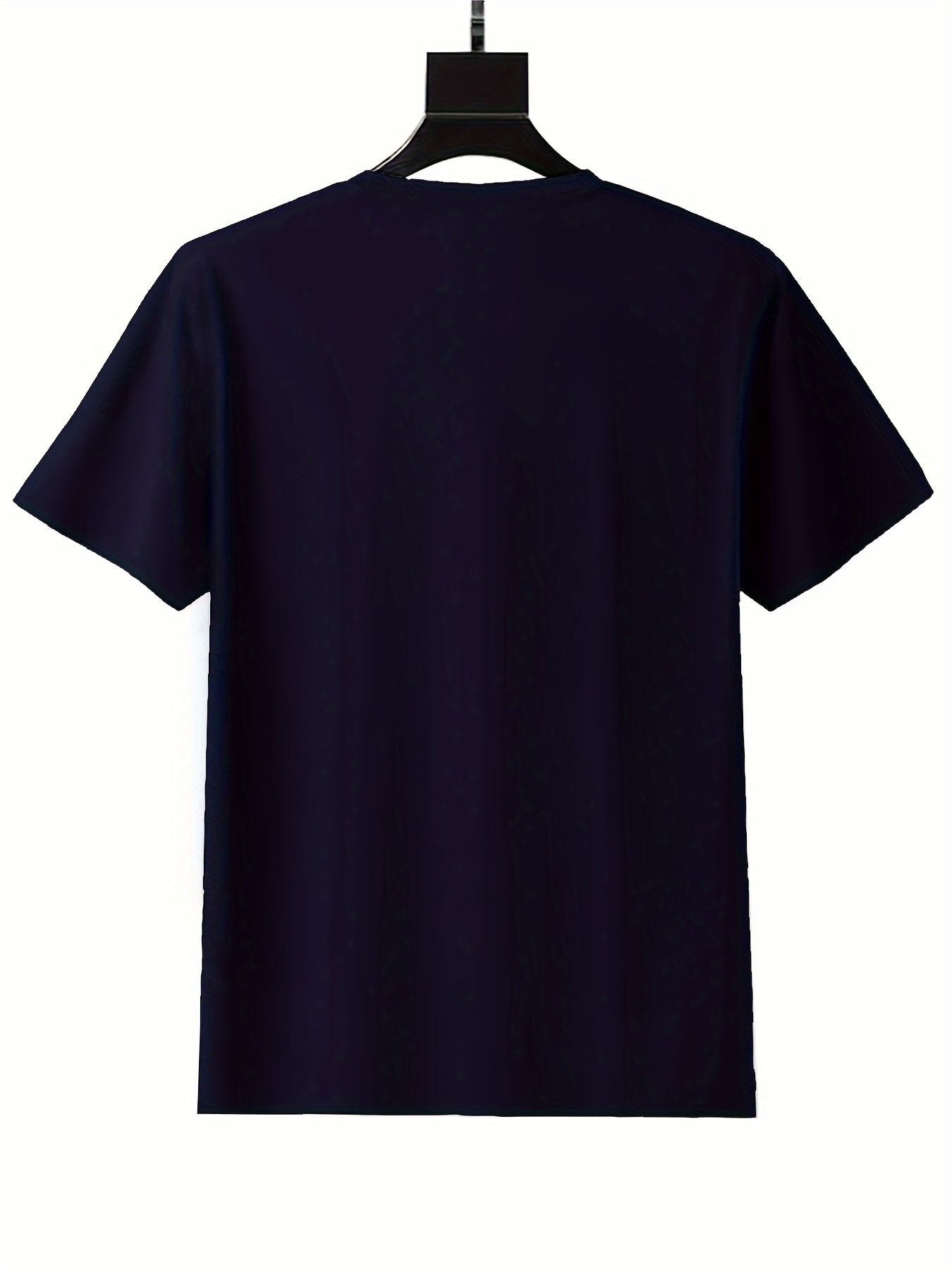 Black round neck printed T-shirt, short sleeved, retro style, 95% polyester blend. Perfect for spring and summer, unisex casual wear.