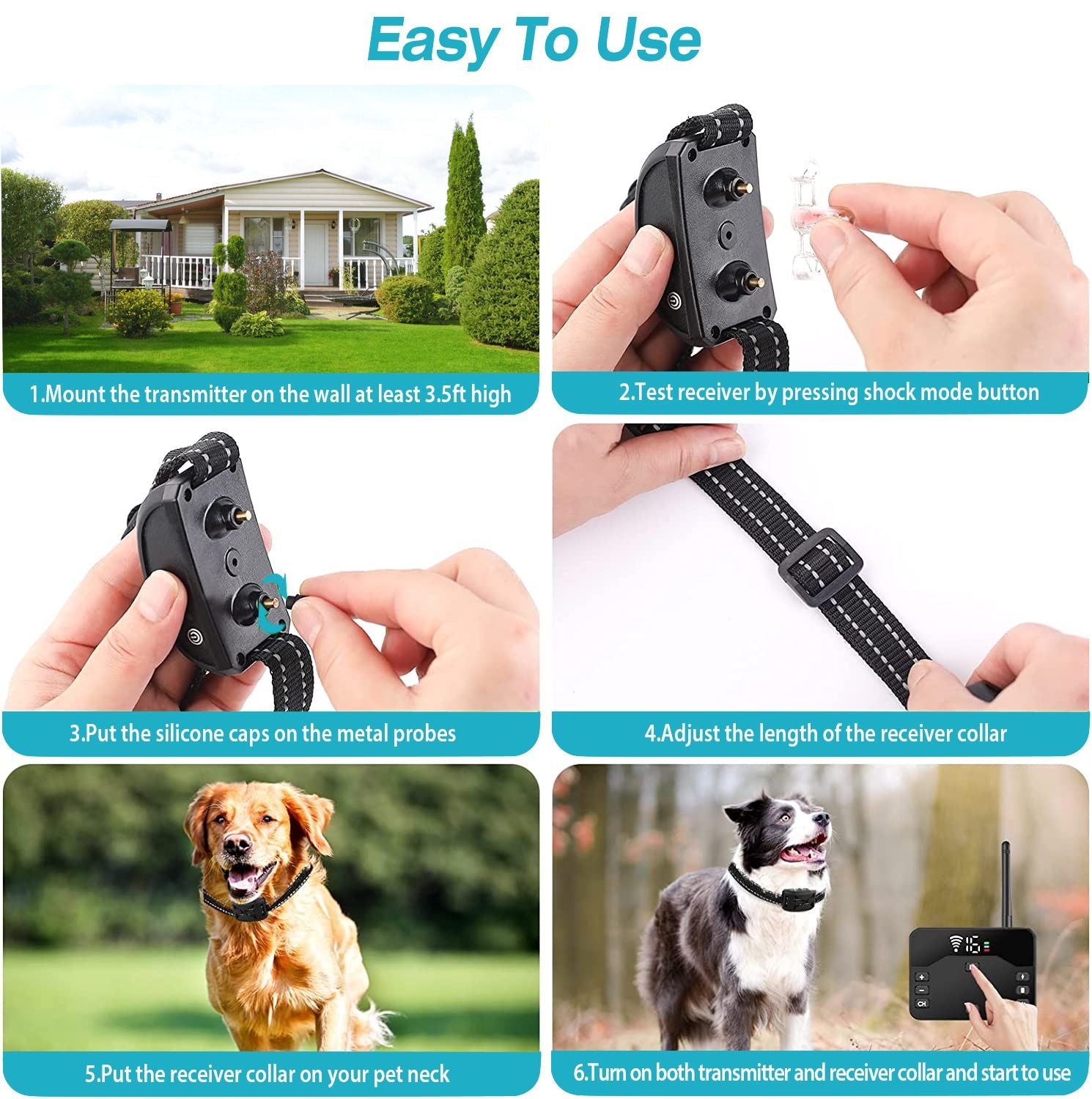 Easy to use wireless electric dog fence and training collar setup guide with step-by-step instructions and images of happy dogs outdoors.