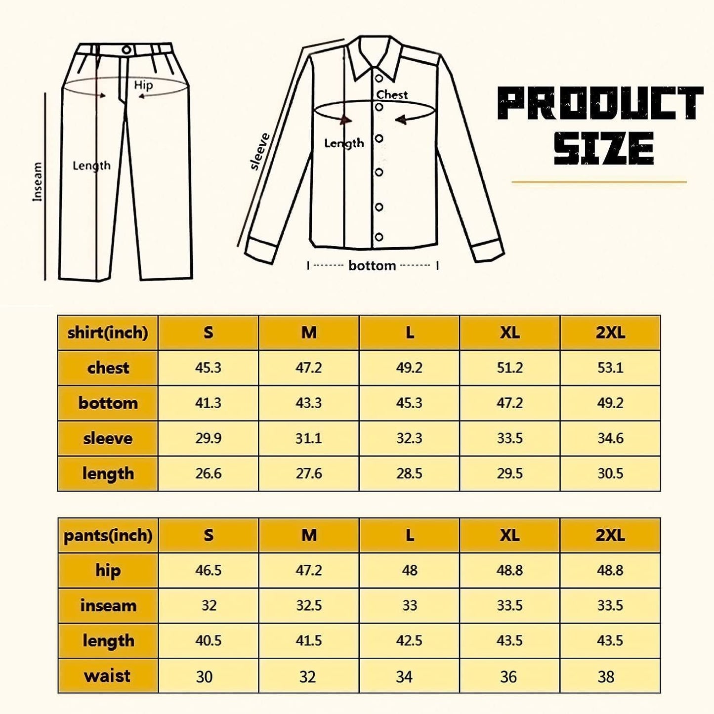 Size chart for VOTAGOO G3 Combat Pants and Tactical Shirt, showing measurements in inches for sizes S to 2XL.