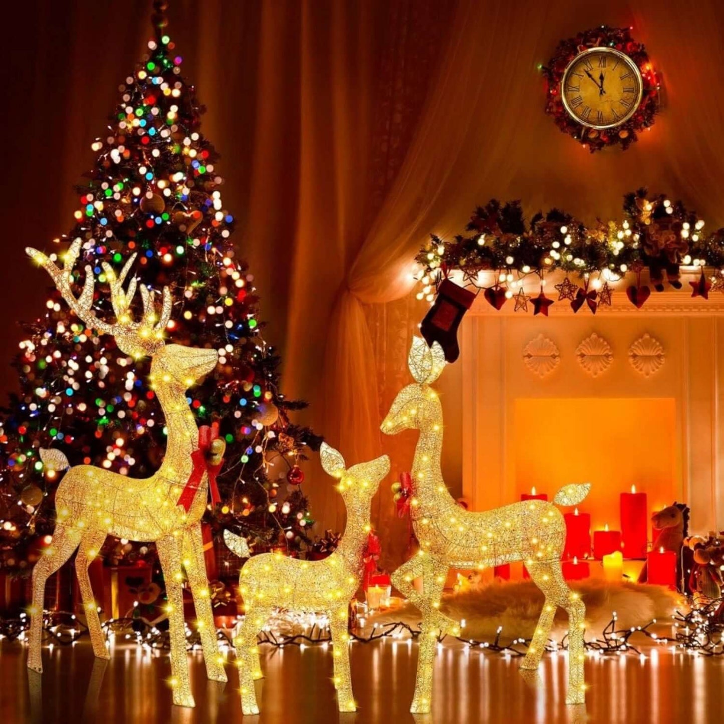 Lighted Christmas Deer Family Set Outdoor with 3 illuminated reindeer in a festive home setting next to a decorated Christmas tree.