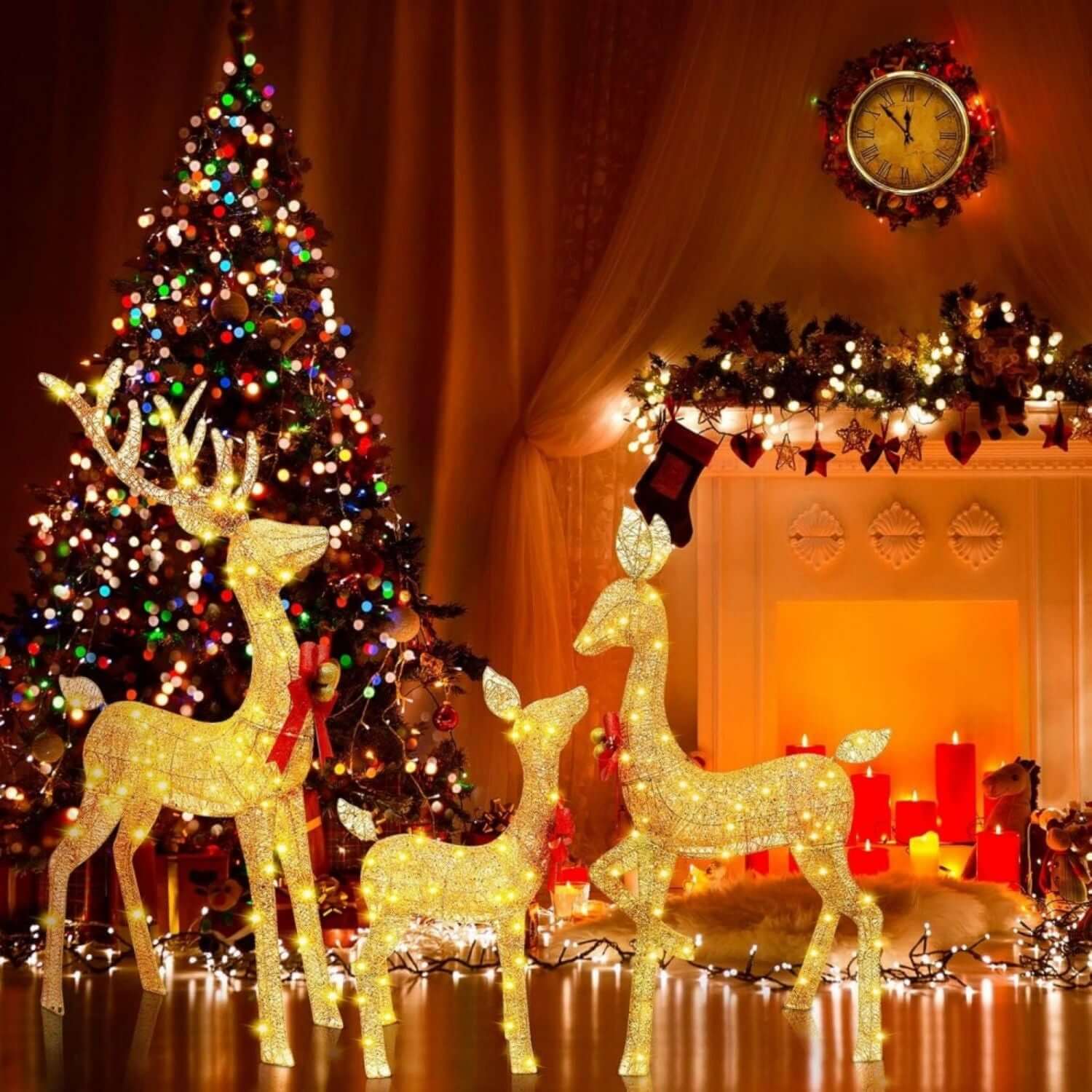 Lighted Christmas Deer Family Set Outdoor with 3 illuminated reindeer in a festive home setting next to a decorated Christmas tree.