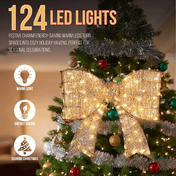 Pre lit Outdoor Giant Bowknot Christmas Decoration with 124 warm white LED lights on a tree, perfect for holiday celebrations.