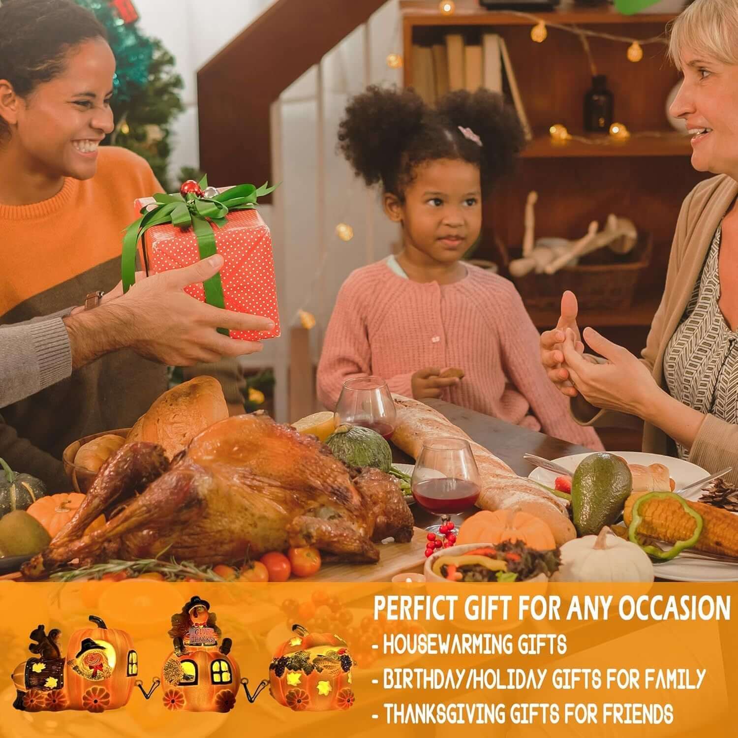 Family gathered around Thanksgiving table with Christmas Gnome Decorations Centerpieces and a gift in festive atmosphere