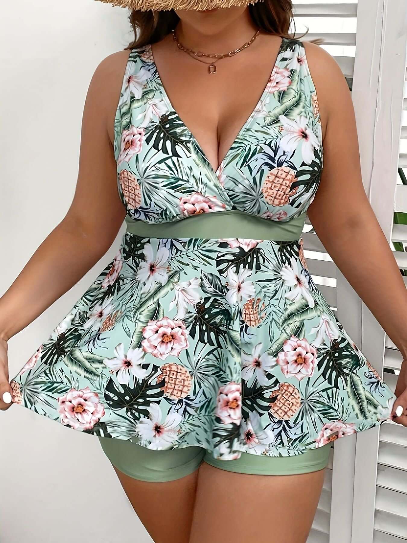 Alt Tag: "Large size green women's Tankini swimsuit, floral pattern, quick-drying, elegant, high elasticity by The Tabby Spot"