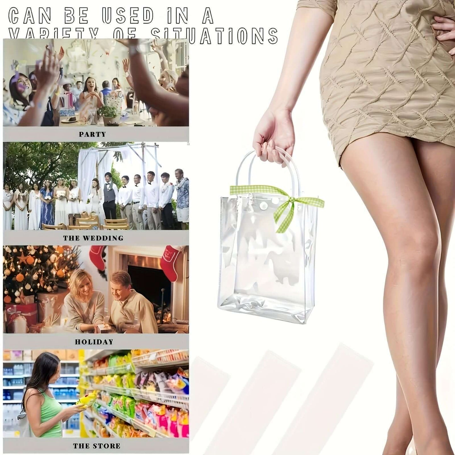 Reusable PVC Holiday Organizing Gift Bags used for parties, weddings, holidays, and shopping; versatile and stylish storage solution.