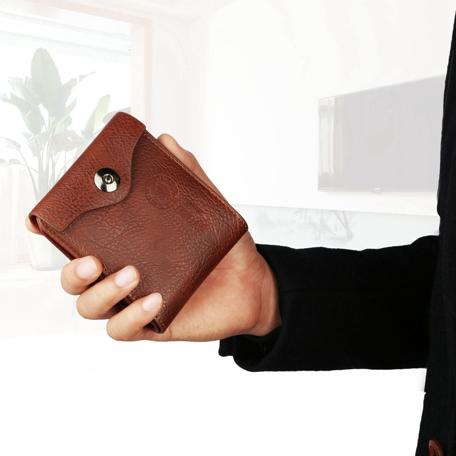 Men's PU Leather Bifold Wallet with RFID Blocking, 9 Card Slots, 2 ID Windows, Zipper Coin Pocket, Slim Design