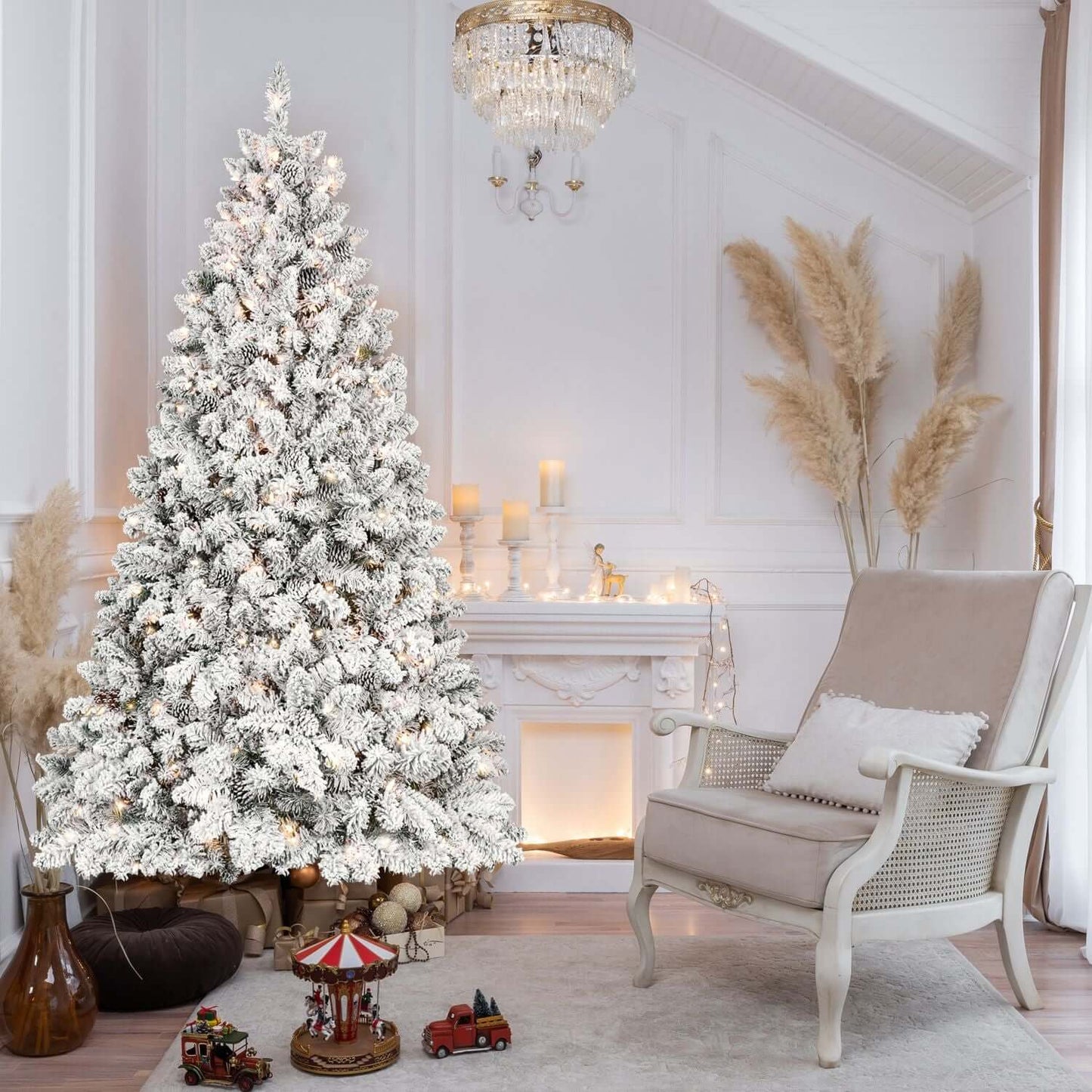Elegant 7ft Flocked Christmas Tree with Lights in cozy living room setting, featuring 500 UL lights and pine cones for a magical holiday scene.