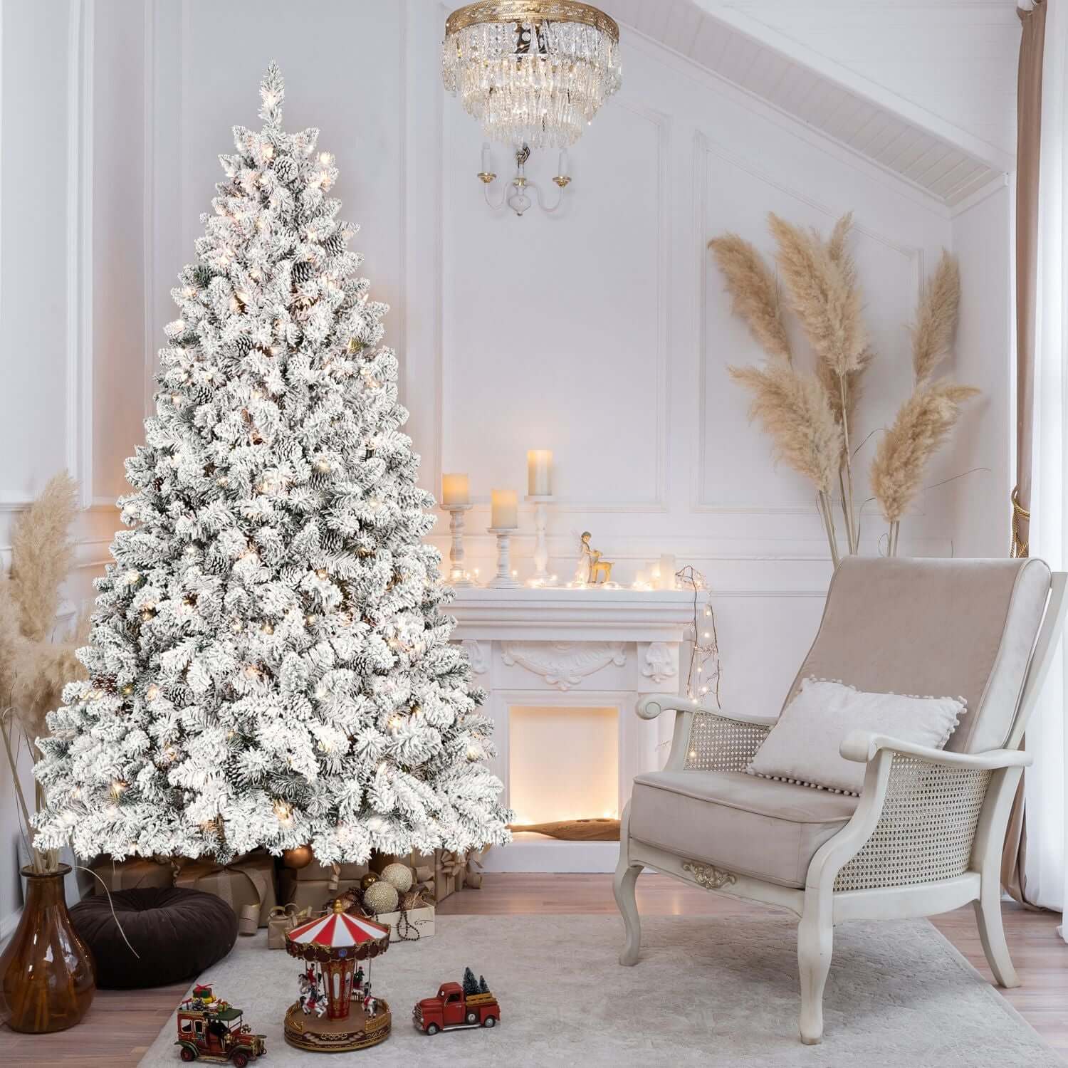 Elegant 7ft Flocked Christmas Tree with Lights in cozy living room setting, featuring 500 UL lights and pine cones for a magical holiday scene.