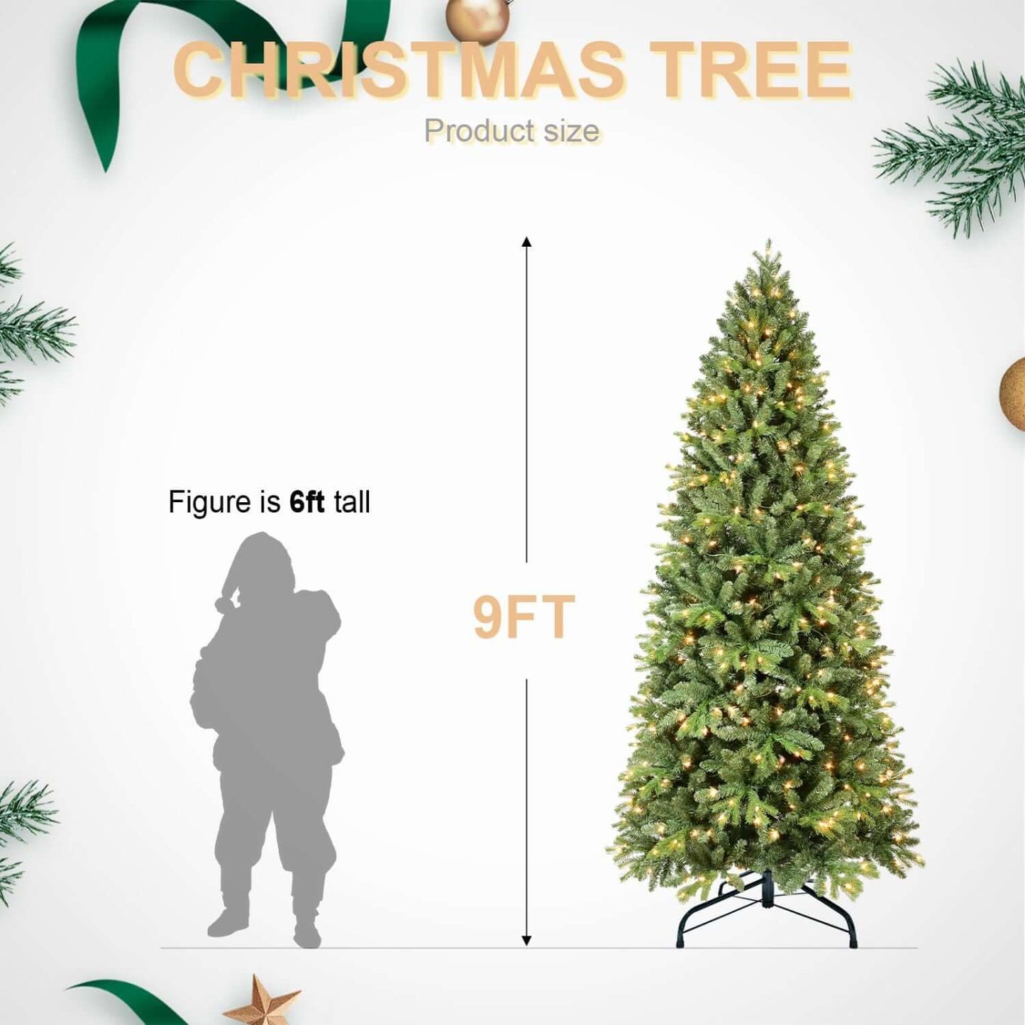 9FT Christmas Tree with LED Lights next to a 6ft figure for size comparison, showcasing a towering and festive presence.