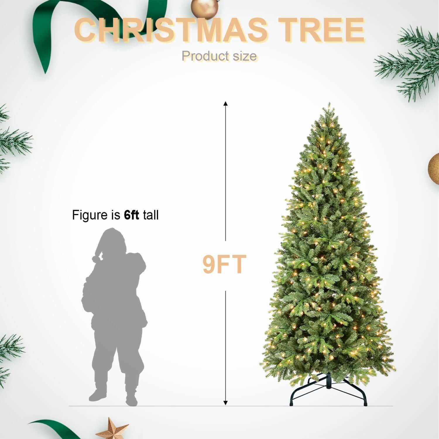 9FT Christmas Tree with LED Lights next to a 6ft figure for size comparison, showcasing a towering and festive presence.