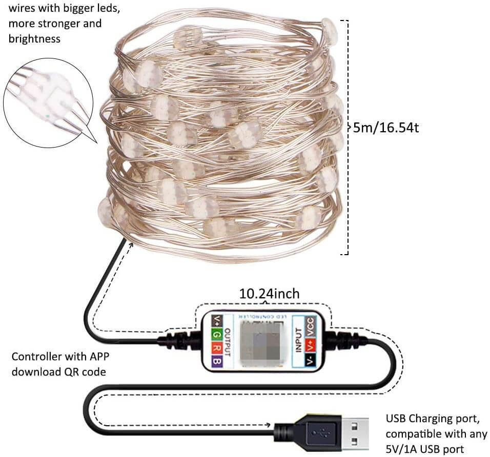 USB Bluetooth Smart Copper Wire Light String with app-controlled LEDs and USB connector