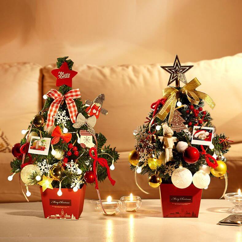 Decorative Desktop Christmas Tree with ornaments on desk for holiday décor