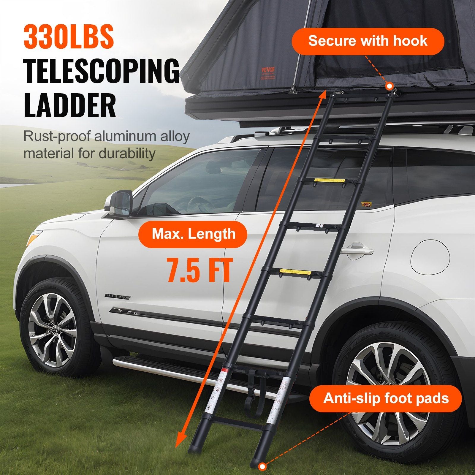 VEVOR rooftop tent on SUV with telescoping ladder, 330lbs weight capacity, anti-slip foot pads, 7.5 ft max length. Ideal for Jeep and trucks.
