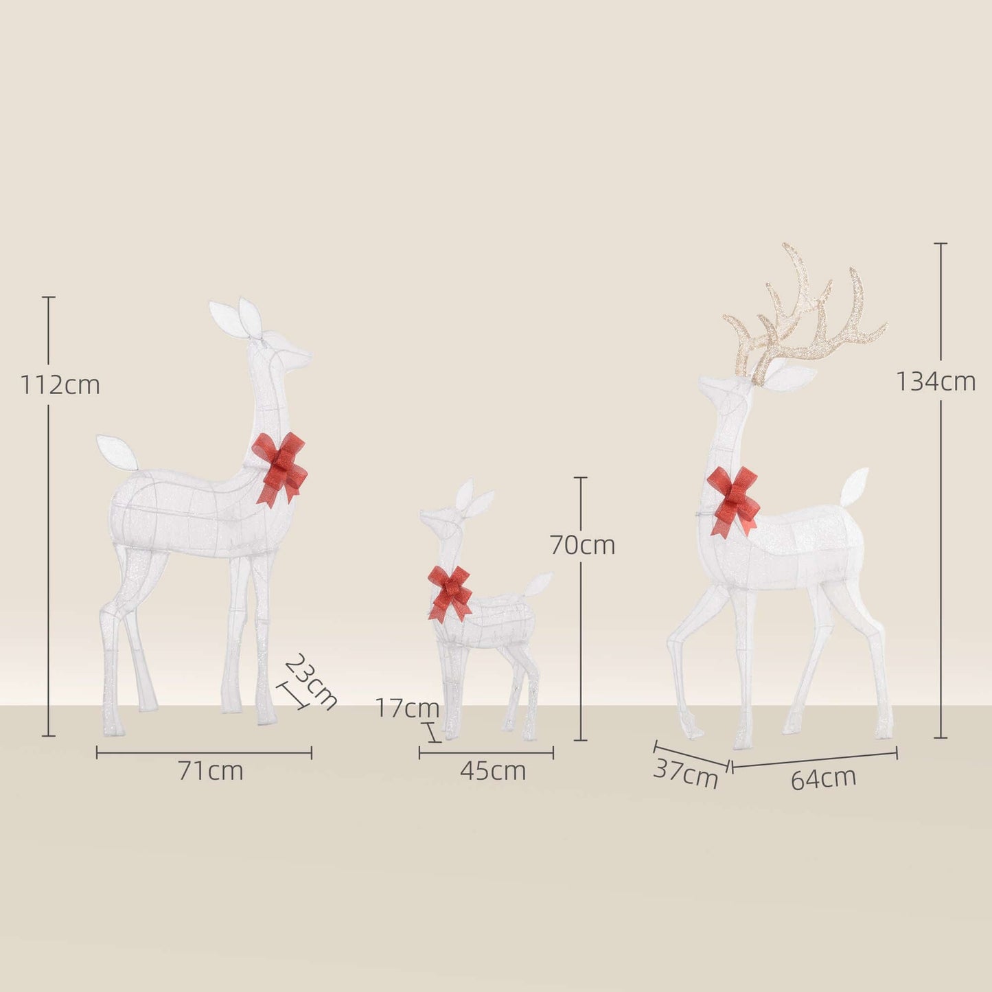 Christmas Deer Decorations - Light Up Reindeer Family Set with dimensions of buck, doe, and fawn.