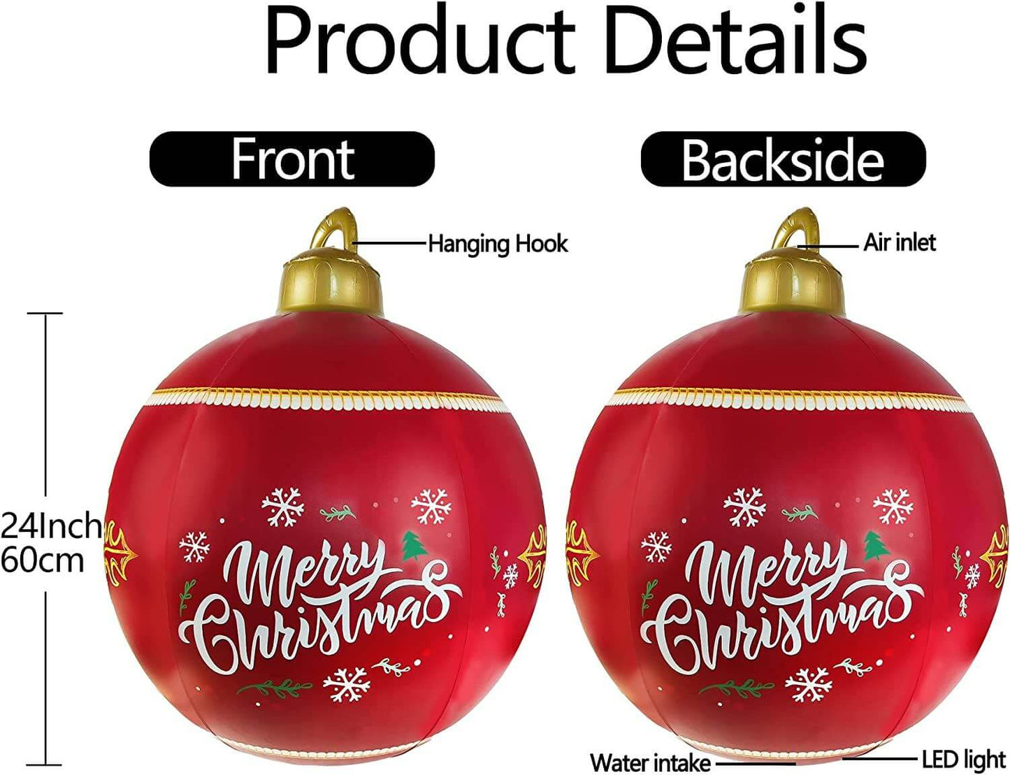 Front and back view of Inflatable Christmas Ball, 24-inch red ball with 'Merry Christmas' text, features hanging hook and air inlet detail.