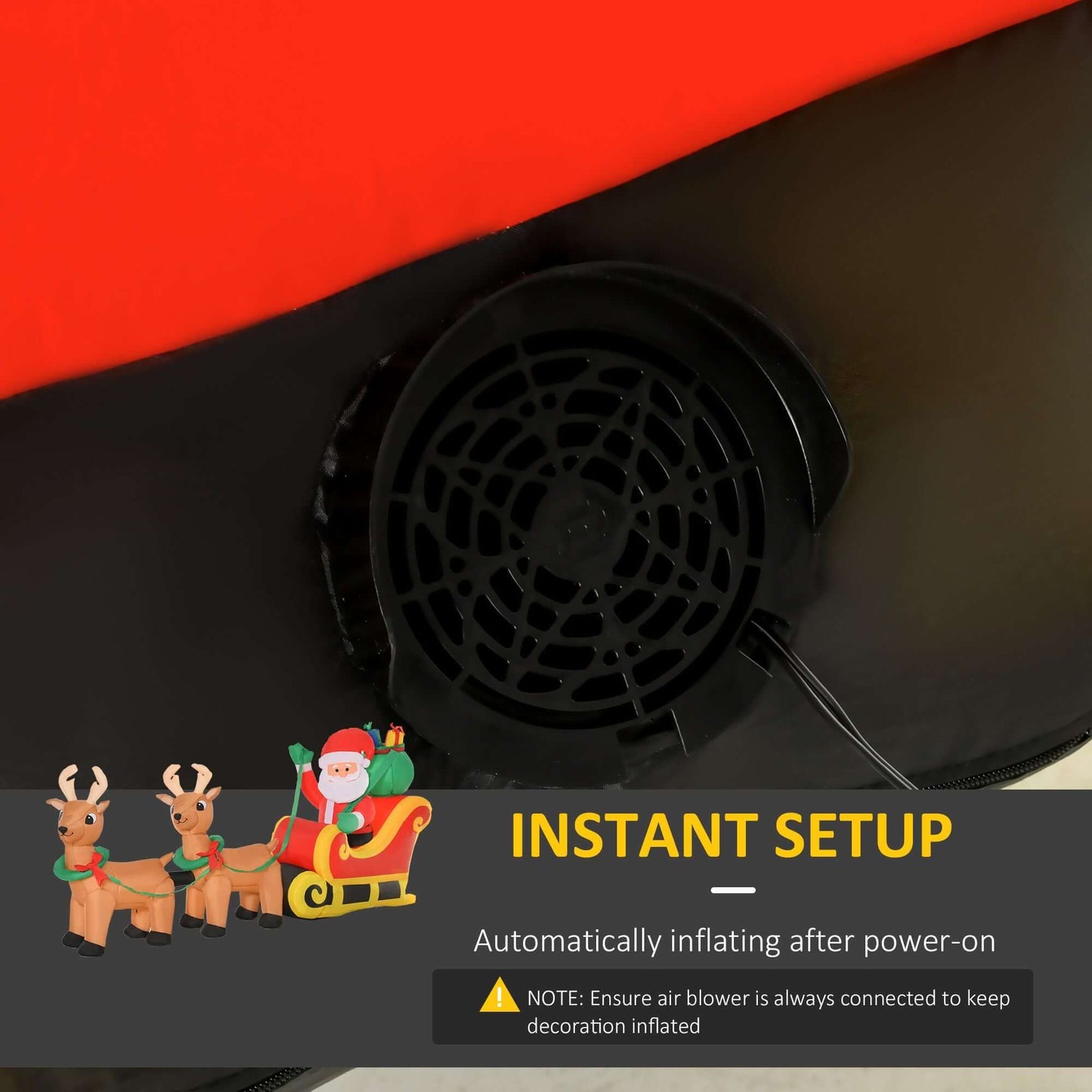Christmas Inflatable Santa Claus with Sleigh - Instant setup with power-on automatic inflating feature and air blower image.