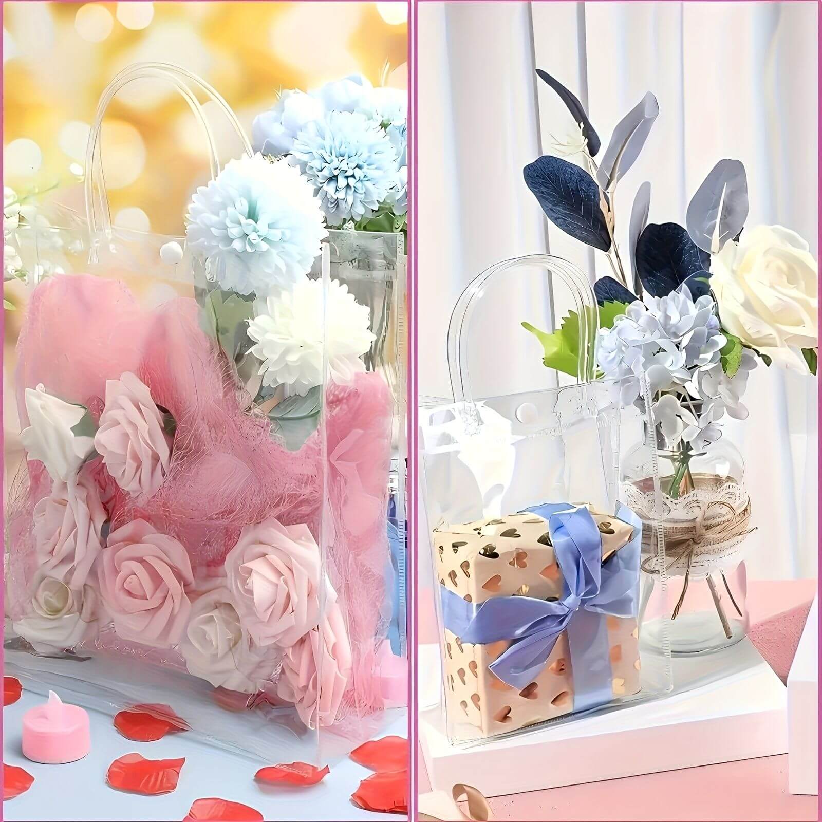 Reusable PVC Holiday Organizing Gift Bags with floral decorations and gift boxes for weddings, Christmas, and New Year's celebrations.