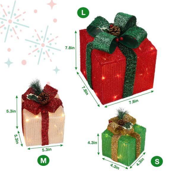 LED60 Light Warm White Christmas Gift Box 3-Piece Set Onion Cloth, featuring festive color variations and stable bracket technology.