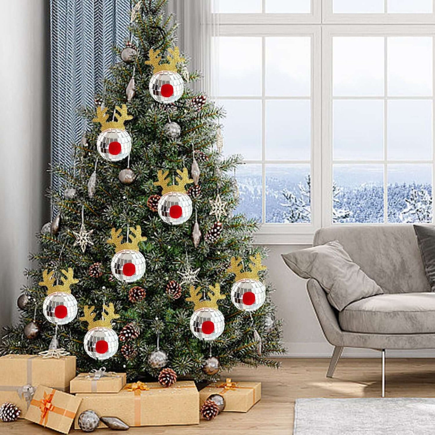 Christmas tree decorated with 5PCS Disco Mirror Elk Horn Christmas Decor, reflecting light and adding festive flair to holiday celebrations.