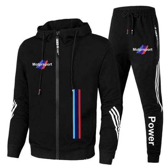 BMW men's casual tracksuit with zipper hooded jacket and pants, made from nylon and cotton, in black with sporty design.