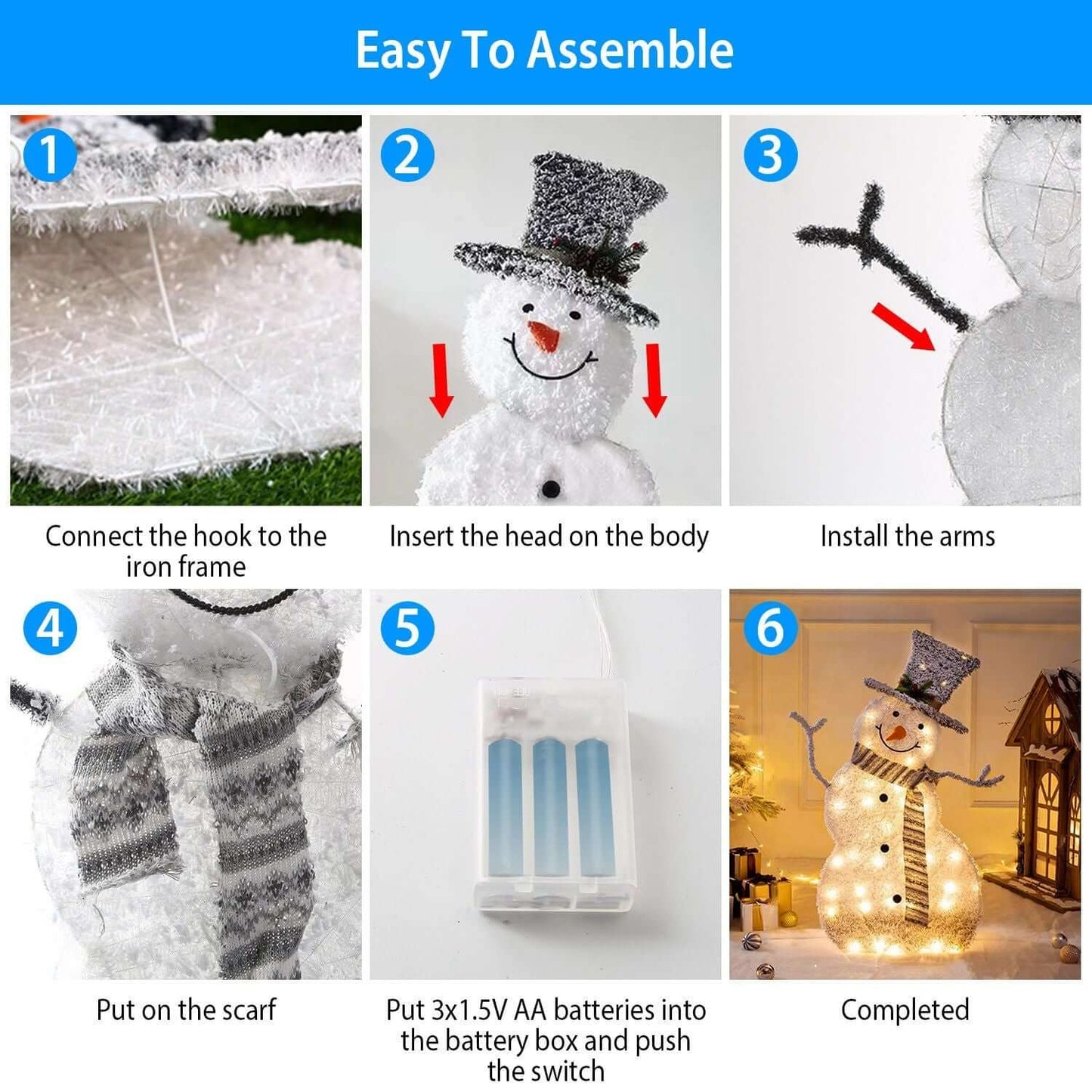 Step-by-step assembly guide for LED Christmas Snowman Decoration Light Battery.