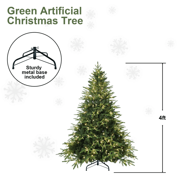 Artificial Green Christmas Tree, 4ft tall, pre-lit with 150 LED lights, includes sturdy metal base, perfect for indoor holiday decor.