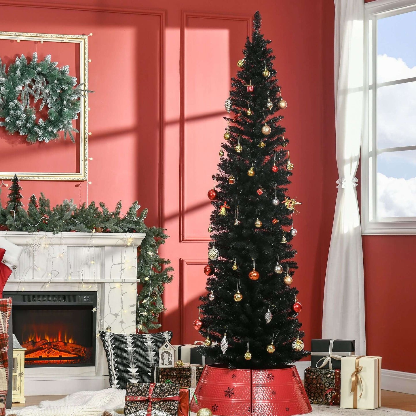 Black 7ft Artificial Pencil Slim Christmas Tree with 499 tips, decorated for the holidays in a festive living room scene.