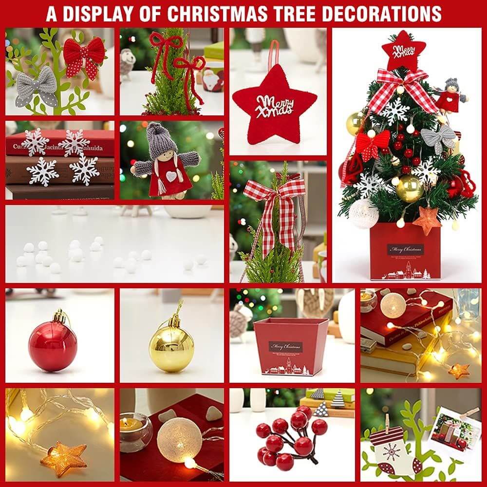A collage of festive items featuring a decorated Desktop Christmas Tree with ornaments and Christmas decorations.