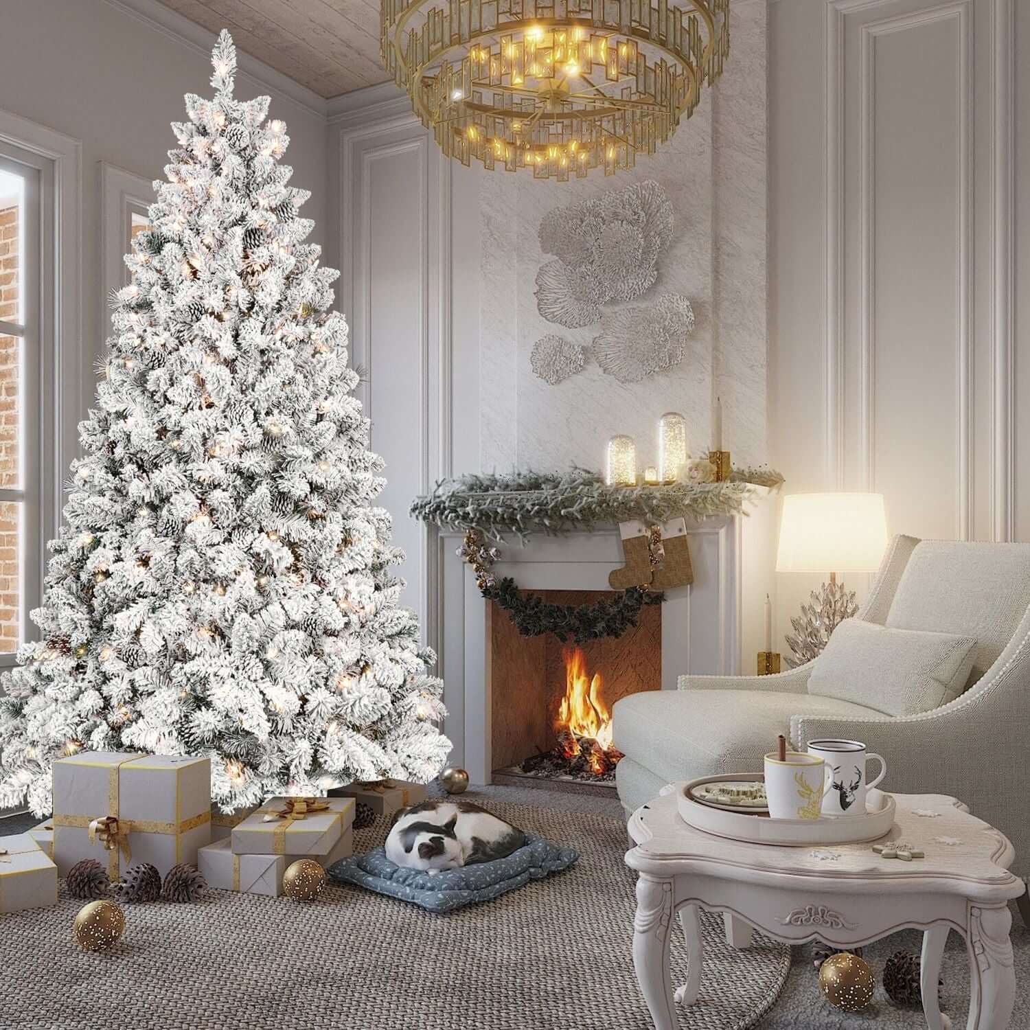 Flocked Christmas Tree with Lights in cozy living room, 7ft pre-lit with pine cones, creating a winter wonderland ambiance.