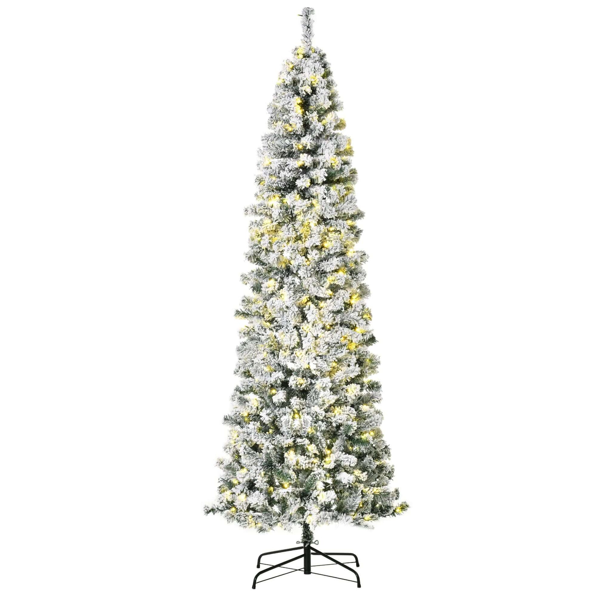 Pre-Lit Snow-Flocked Slim Douglas Fir Tree 7.5ft with 350 LED lights, artificial Christmas tree, winter decoration.