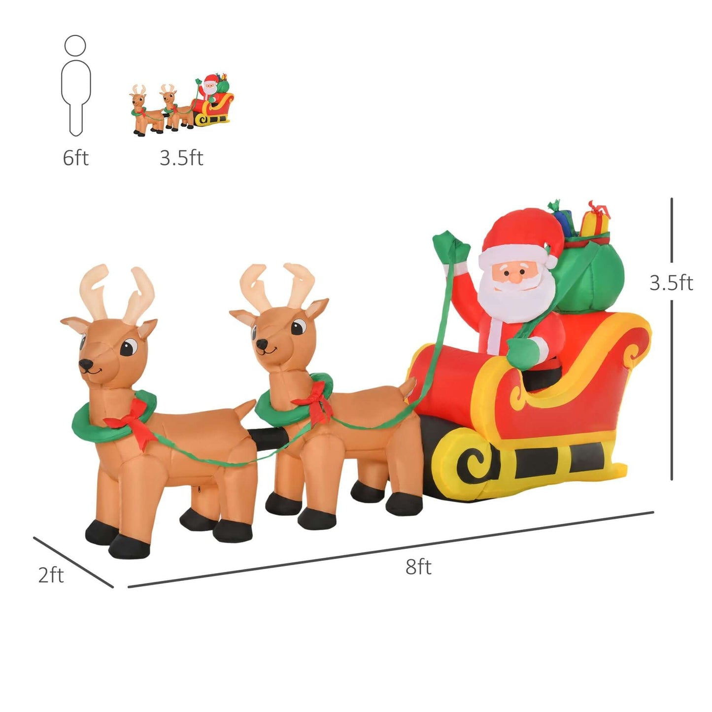 8ft Christmas Inflatable Santa Claus with Sleigh and LED lights featuring Santa and reindeer for outdoor holiday decoration.