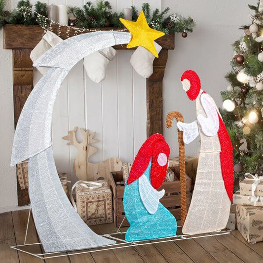 VINGLI Lighted 2D Nativity Scene with 170 LED Lights in a cozy indoor setting, perfect for holiday decor.