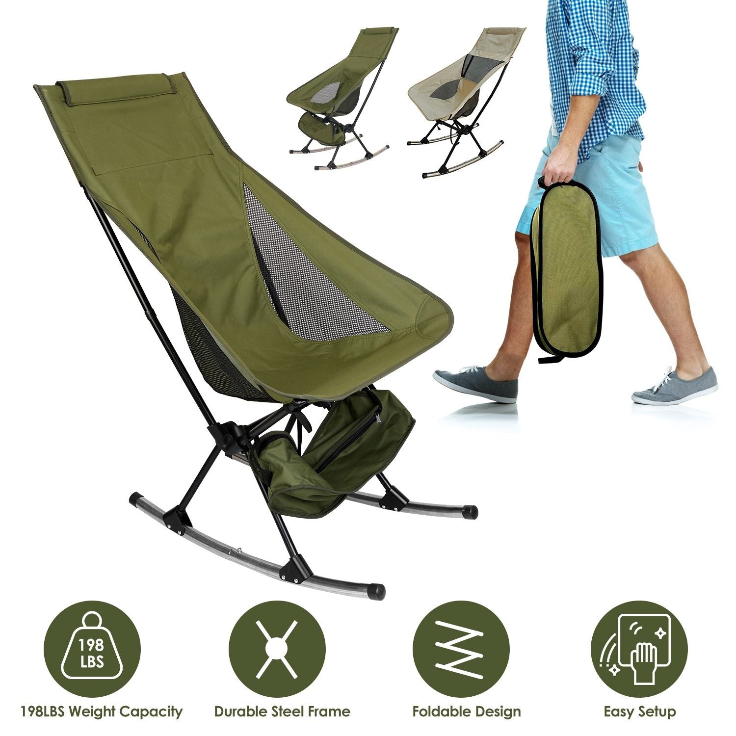 Portable camping rocking chair with 198lbs capacity, high back, foldable design, ideal for patio, beach, travel, includes carry bag.