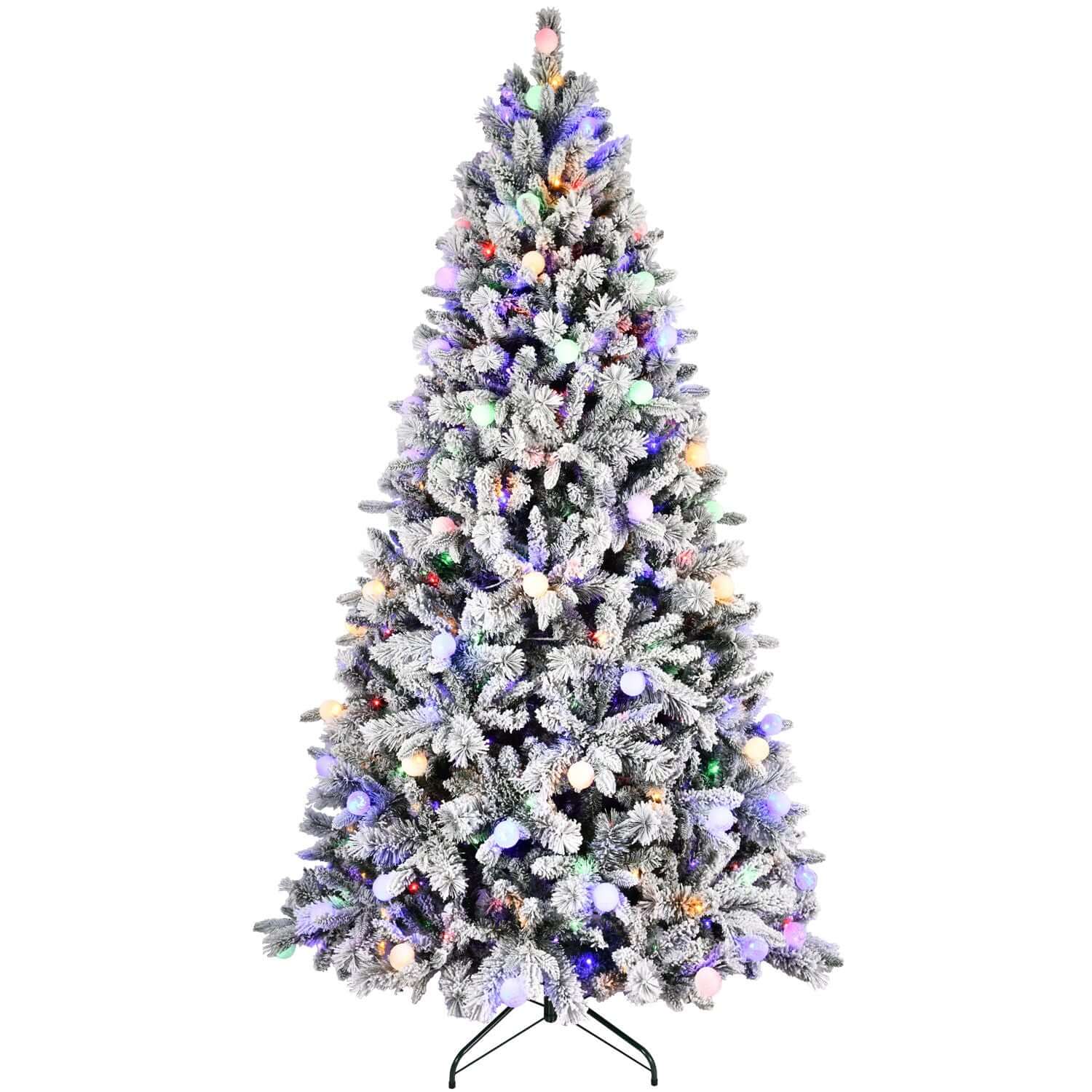 Flocked Christmas Tree with Colorful Lights, 8ft, snow-covered branches and vibrant lighting, perfect for a winter wonderland display.