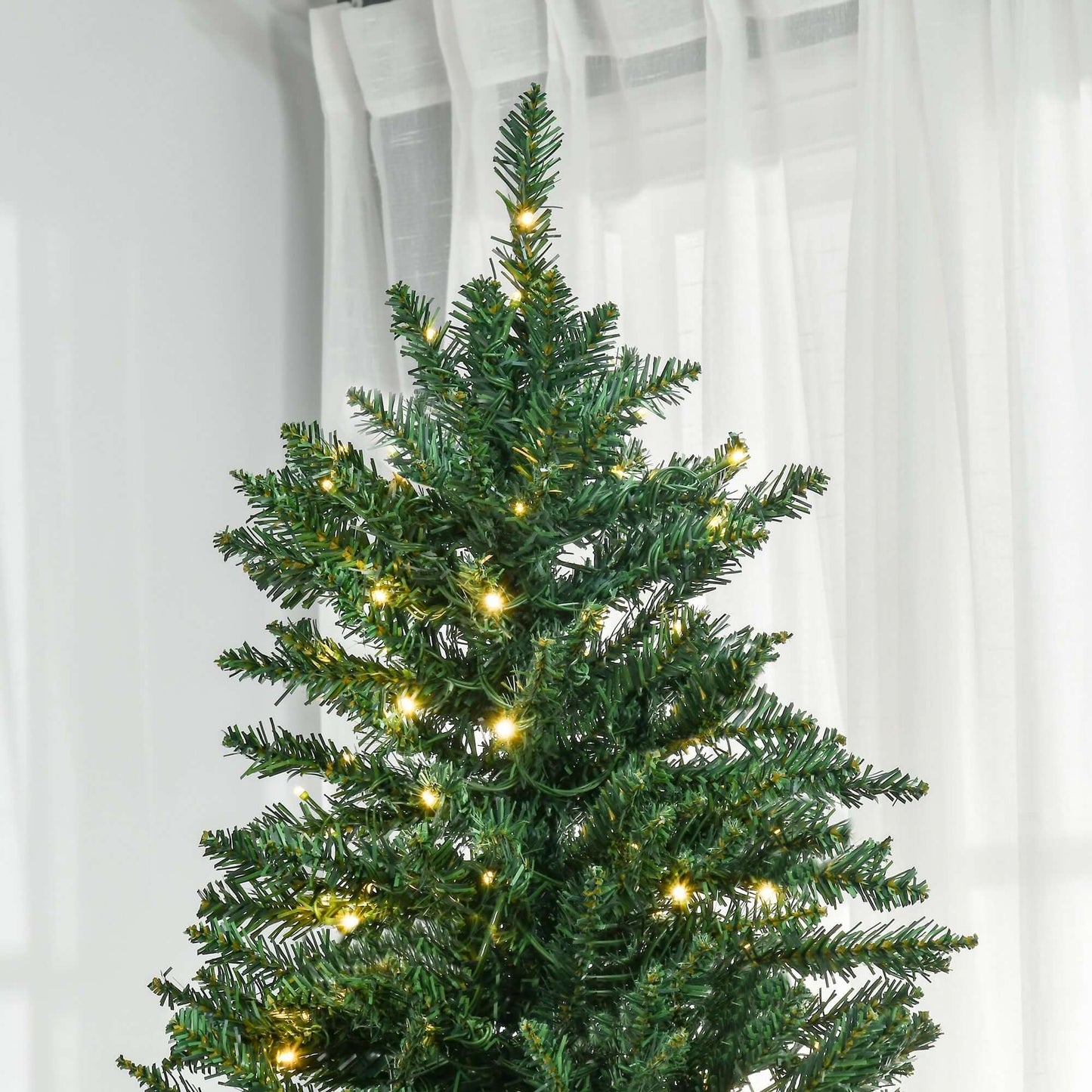 Top of HOMCOM 7ft Pre Lit Douglas Fir Artificial Christmas Tree with warm white LED lights and realistic branches.