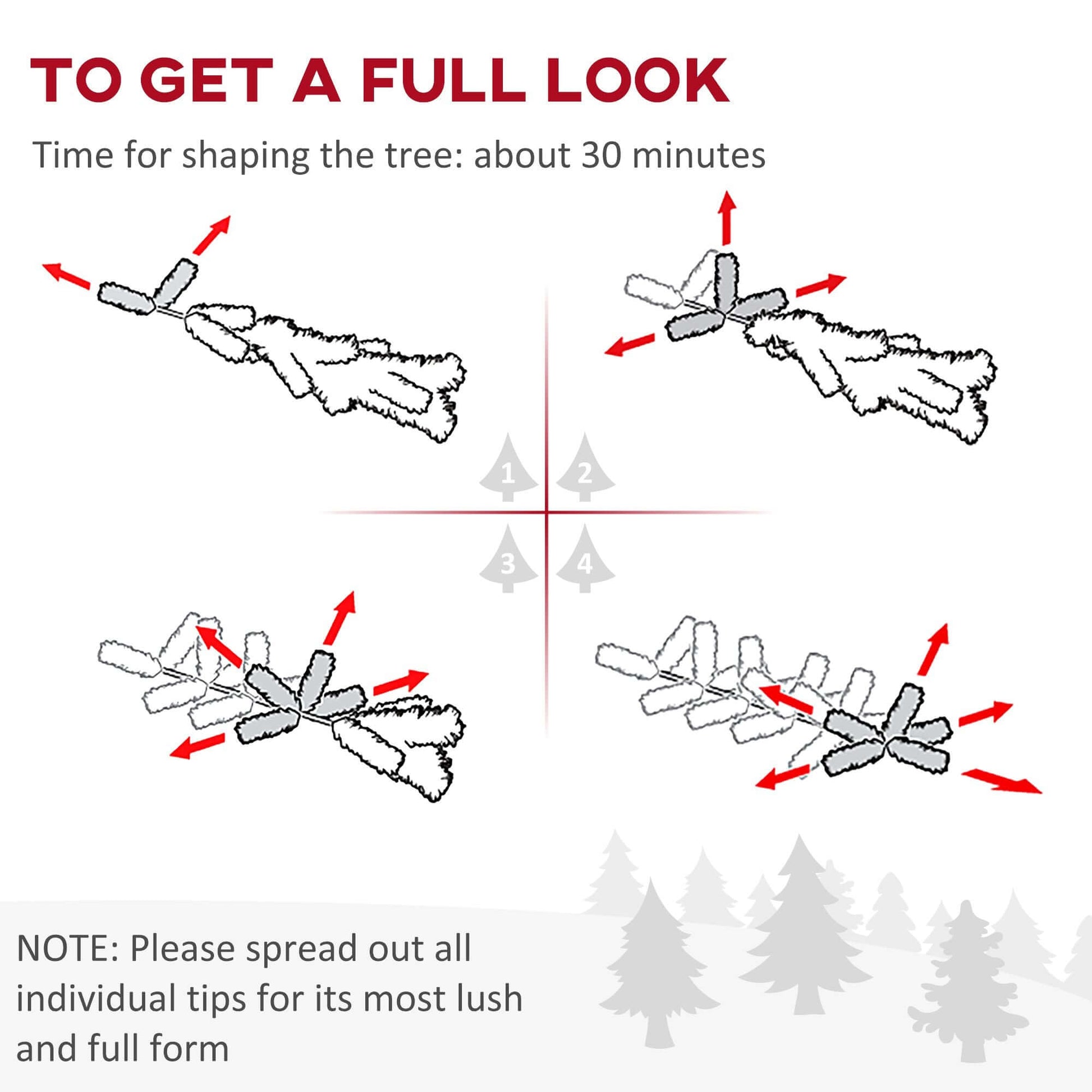 Diagram for shaping the 7ft Artificial Pencil Slim Christmas Tree with 499 Tips for optimal fullness
