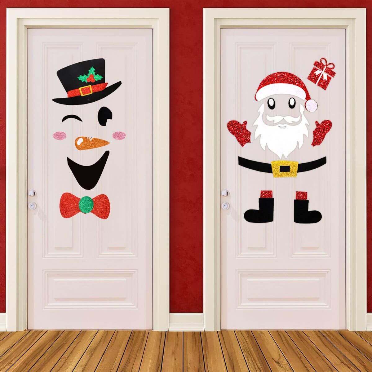 Christmas Door Stickers featuring Santa Claus and snowman decal on white doors, adding festive charm to your home decor.