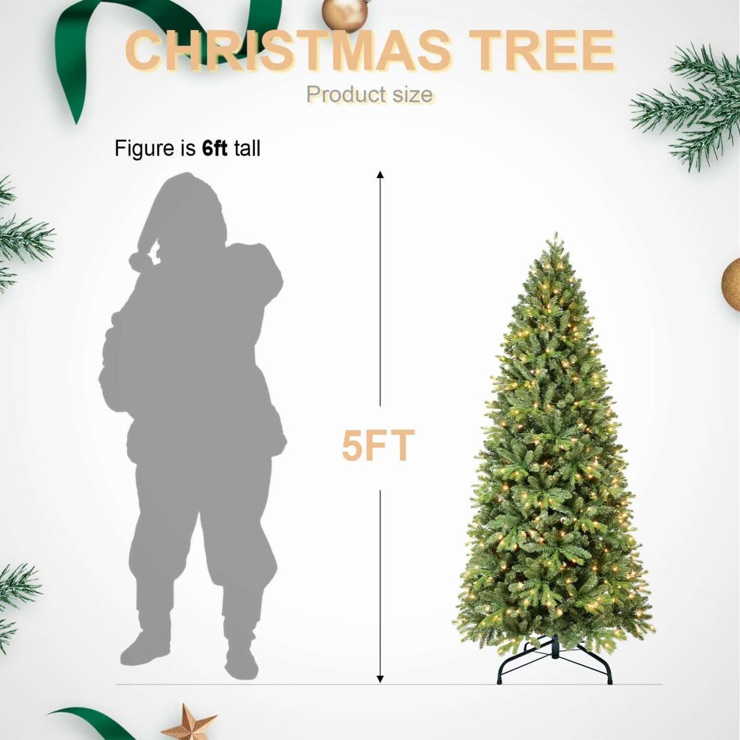 5FT Christmas Tree with LED Lights comparison to 6ft figure, dense green branches ideal for festive decoration.