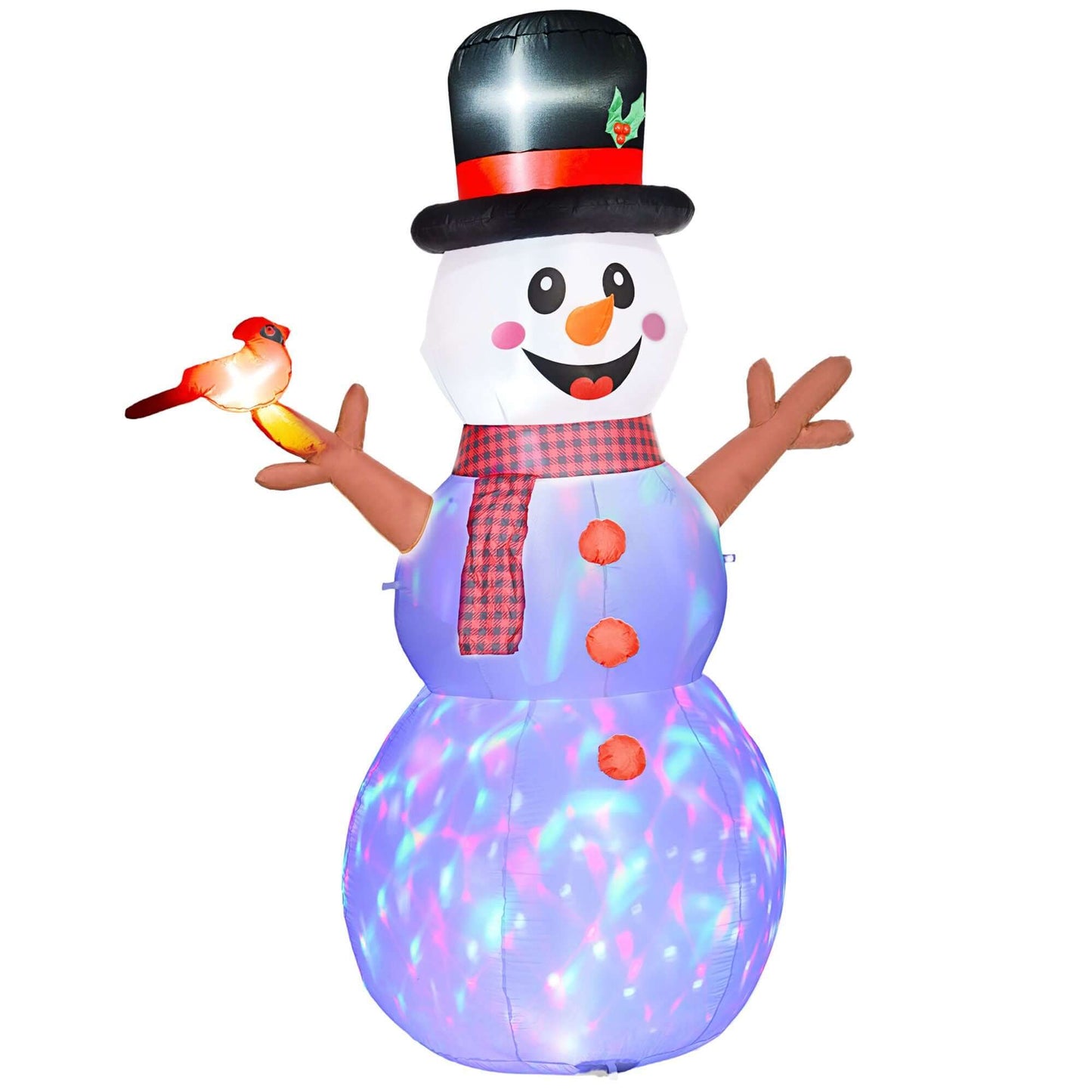 Inflatable Snowman with LED lights, 8ft Christmas decoration with branch hands and rotating colorful lights, outdoor holiday decor.