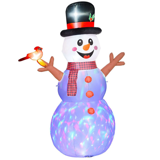 Inflatable Snowman with LED lights, 8ft Christmas decoration with branch hands and rotating colorful lights, outdoor holiday decor.
